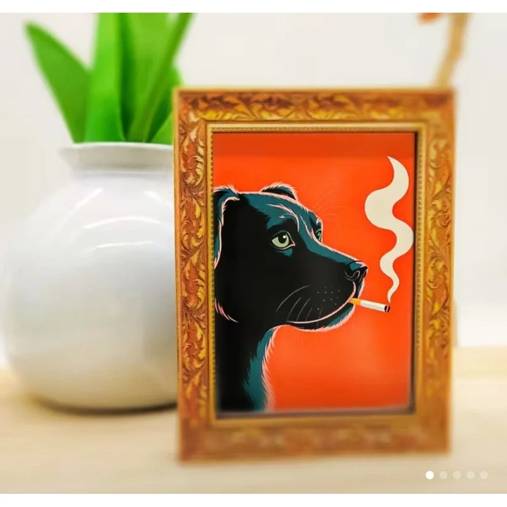 Miniature Smoking Black Dog Lab Framed Art 3
